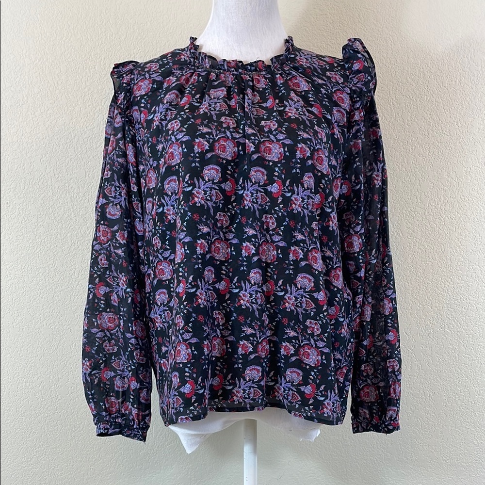 Xirena‎ Black Relaxed Floral Ruffled Bishop Sleeve Blouse S